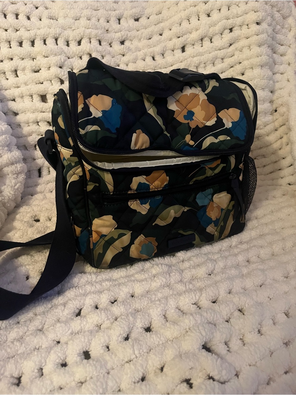 Vera Bradley Black Quilted Messenger with Blue and Tan Floral Print